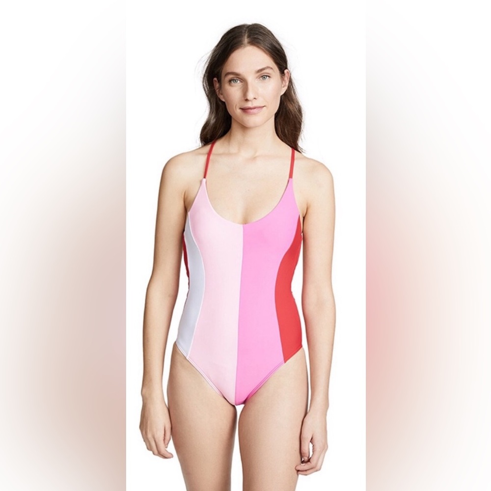 New PilyQ Farrah One Piece Swim Suit Red Pink Open Back Size Small